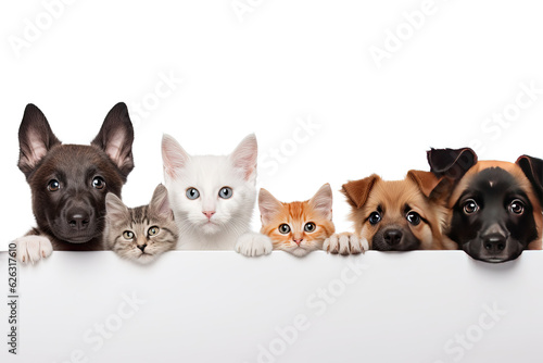 Dogs and cats peeking behind a white blank banner on a white background. © OleksandrZastrozhnov