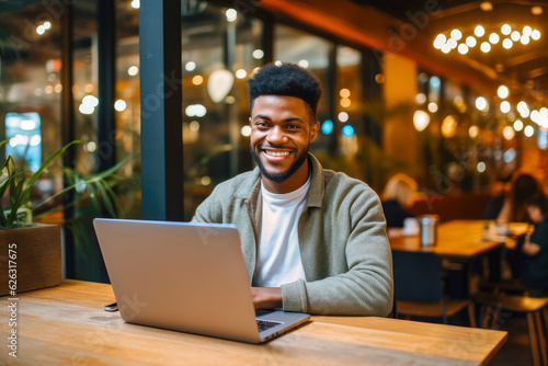 African American man working on a laptop computer in a busy cafe, a portrait of a successful person