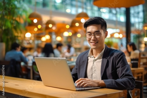 Asian man working on a laptop computer in a busy cafe in the city, a portrait of a successful man