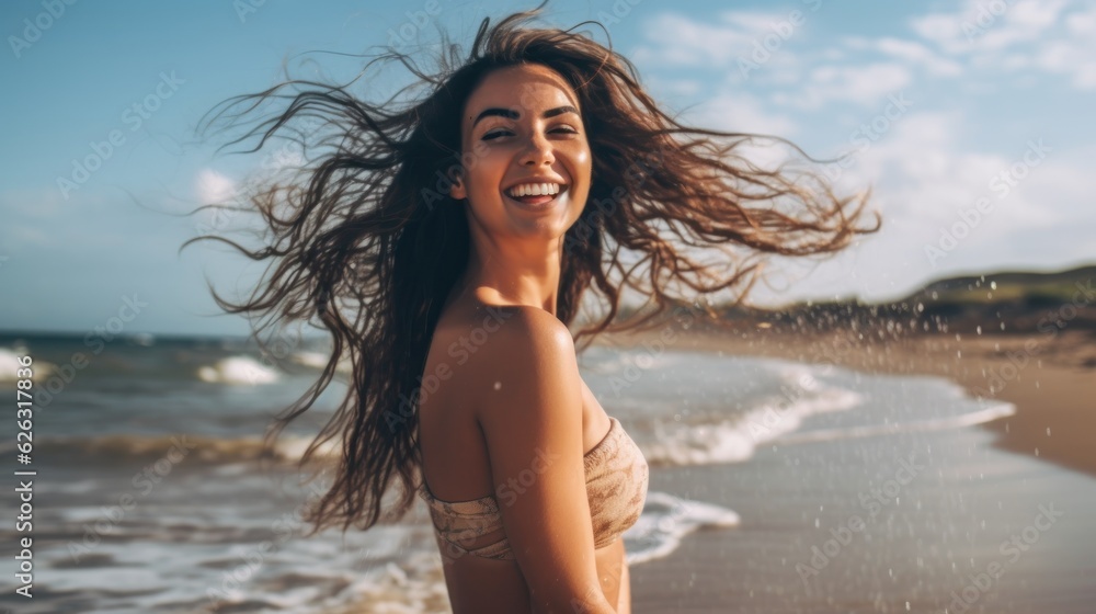 Happy woman walking on beach. Beautiful fit body girl on travel vacation Happy woman walking on beach. Beautiful fit body girl on travel vacation