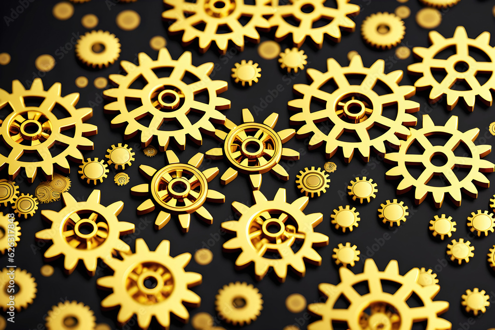 Abstract gold background, fantastic golden metal gears and cogs technology pattern wallpaper. Generative Ai. Abstract gold background, fantastic golden metal gears and cogs technology pattern wallpaper. Generative Ai.