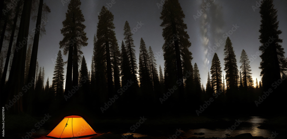 Tourist tent in the night forest, generative AI