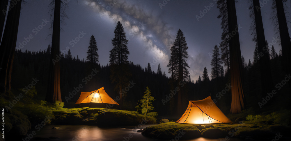 Tourist tent in the night forest, generative AI