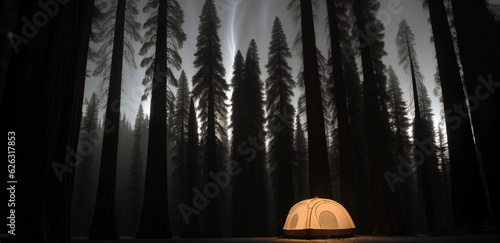 Tourist tent in the night forest, generative AI