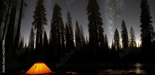 Tourist tent in the night forest, generative AI