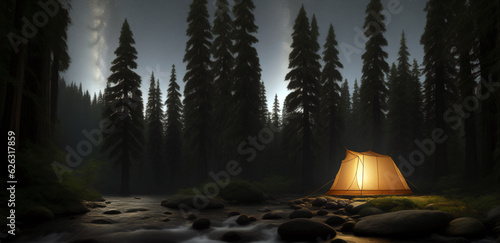 Tourist tent in the night forest, generative AI