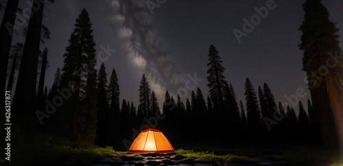 Tourist tent in the night forest, generative AI