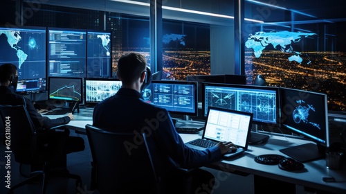 Network operations center ( NOC) with technicians monitoring network traffic, troubleshooting issues, and ensuring network performance