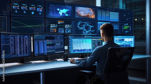 Network operations center ( NOC) with technicians monitoring network traffic, troubleshooting issues, and ensuring network performance