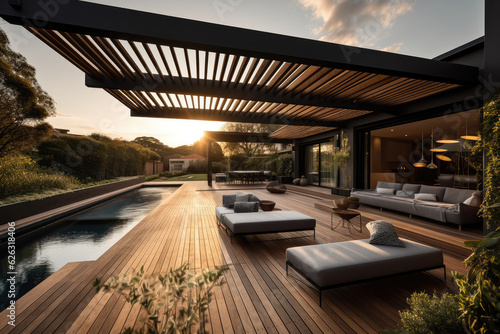 a lavish side outside garden at morning, with a teak hardwood deck and a black pergola. Scene in the evening with couches and lounge chairs by the pool, generative AI	
