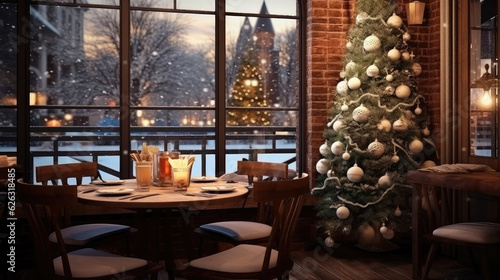 Christmas cafe interior with tree. Generative AI
