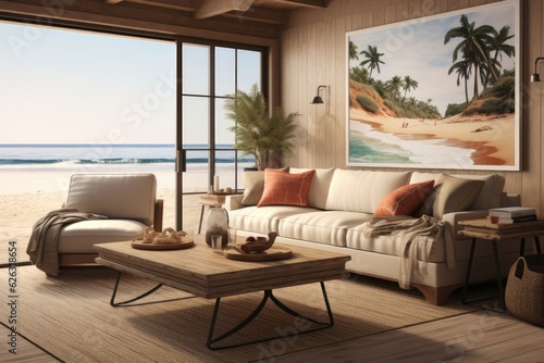 There is a beach scene painting in the living room. (Generative AI) © HandmadePictures