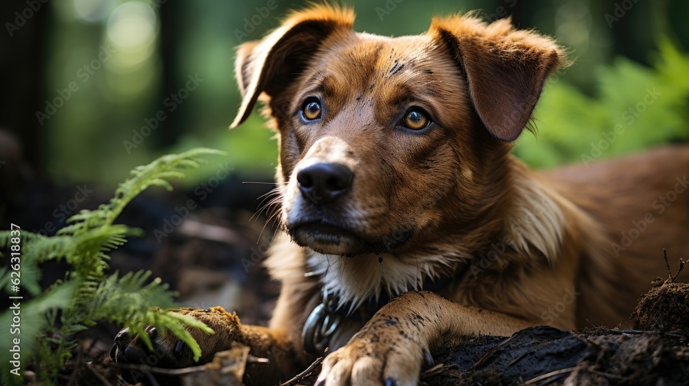 A tiny brown dog rests atop the forest floor. (Generative AI) A tiny brown dog rests atop the forest floor. (Generative AI)