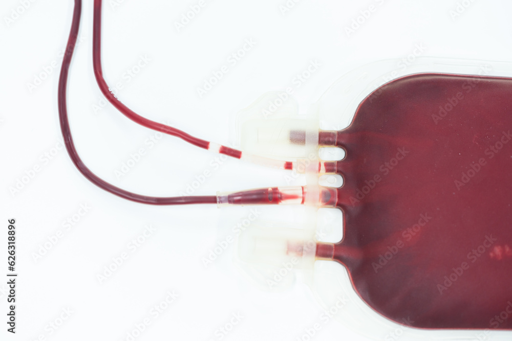 Blood pack for transfusion from donor.Full blood bag for accident's patient on white background in blood bank unit at laboratory.Safe life concept. Blood pack for transfusion from donor.Full blood bag for accident's patient on white background in blood bank unit at laboratory.Safe life concept.