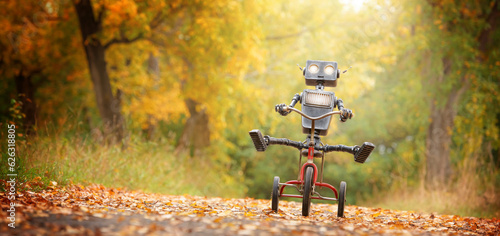 Fotografia Happy humanoid robot rides a bicycle along the autumn alley