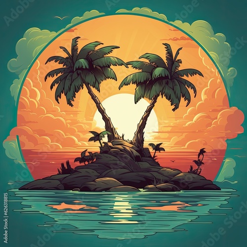 A sunset painting with two palm trees on an island. (Generative AI)