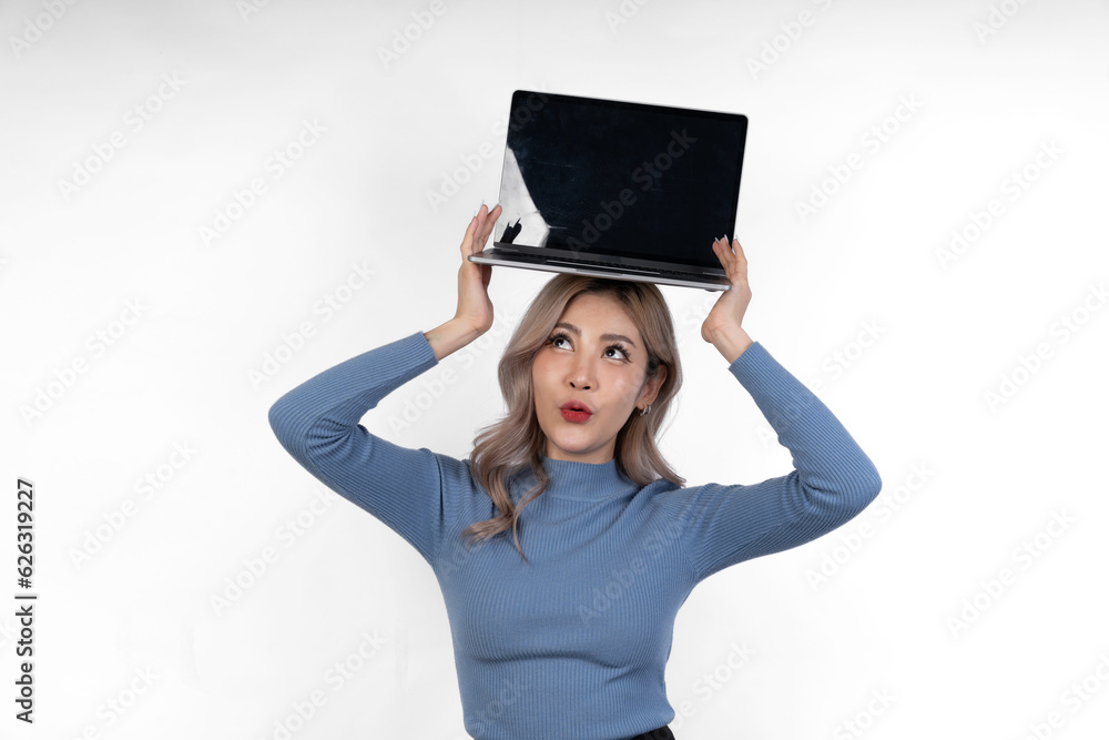 Image of a happy and confident young beautiful businesswoman standing isolated on white background holding laptop computer showing happy various virtues gestures Motivation with startup business work Image of a happy and confident young beautiful businesswoman standing isolated on white background holding laptop computer showing happy various virtues gestures Motivation with startup business work