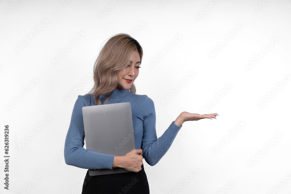 Image of a happy and confident young beautiful businesswoman standing isolated on white background holding laptop computer showing happy various virtues gestures Motivation with startup business work Image of a happy and confident young beautiful businesswoman standing isolated on white background holding laptop computer showing happy various virtues gestures Motivation with startup business work