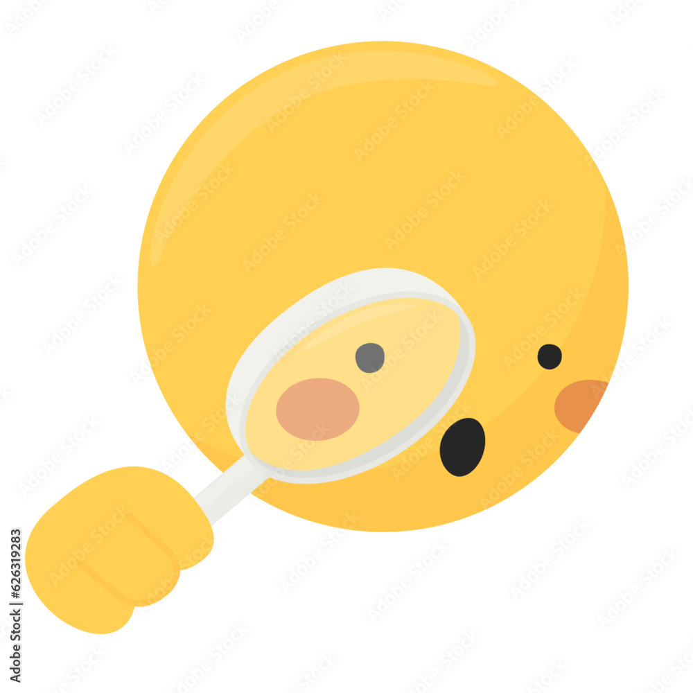 Surprise emoji face with a magnifying glass in hand, over eye. Cute