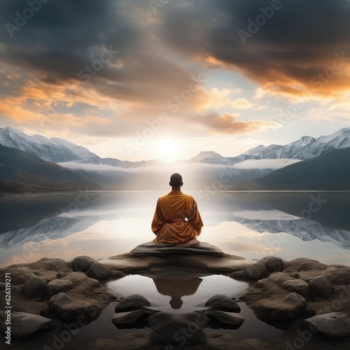 Man meditating on a rock by a lake at sunset. Generative AI