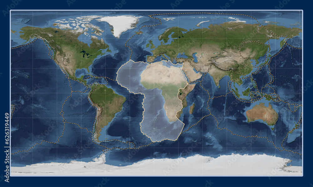 African tectonic plate. Satellite. Patterson Cylindrical. Boundaries