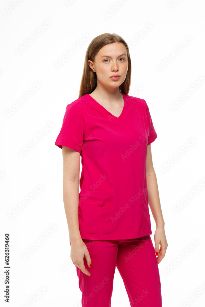 Beautiful girl doctor professional in work clothes on white background Beautiful girl doctor professional in work clothes on white background