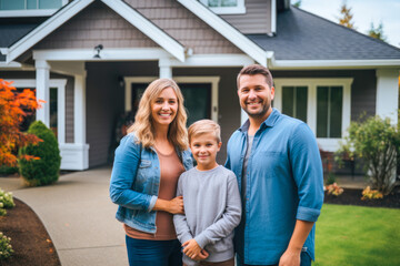 Family in front of newly purchased house, smiling proudly. Home ownership, real estate and a life goal accomplishment