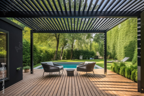 Modern black bio climatic pergola with top view on an outdoor patio. Teak wood flooring, a pool, and lounge chairs. green grass and trees in a garden, generative AI   © ThiQuynh