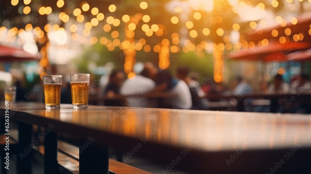 Two glasses of beer on a wooden bar counter on a blurred background.