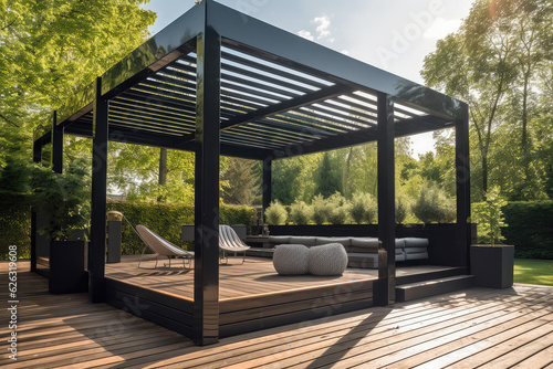 Valokuva Modern black bio climatic pergola with top view on an outdoor patio