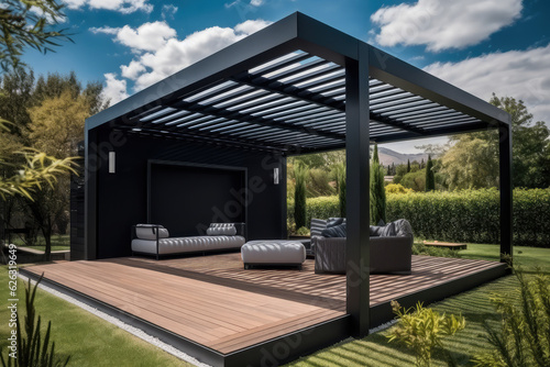 Modern black bio climatic pergola with top view on an outdoor patio. Teak wood flooring, a pool, and lounge chairs. green grass and trees in a garden, generative AI   © ThiQuynh