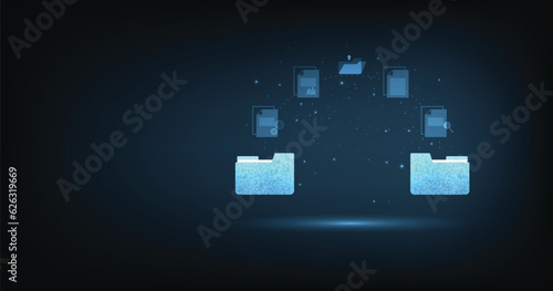 Document management and Data transfer through cloud technology. Exchange data with modern internet technology on dark blue background. Files data system relocation concept. 