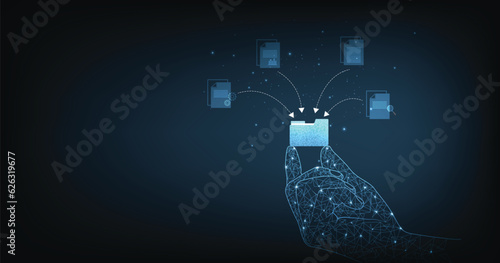 Document management system concept. Document management information system icon on the hand. organize, and manage digital documents. Centralized repository for storage, and distribution.