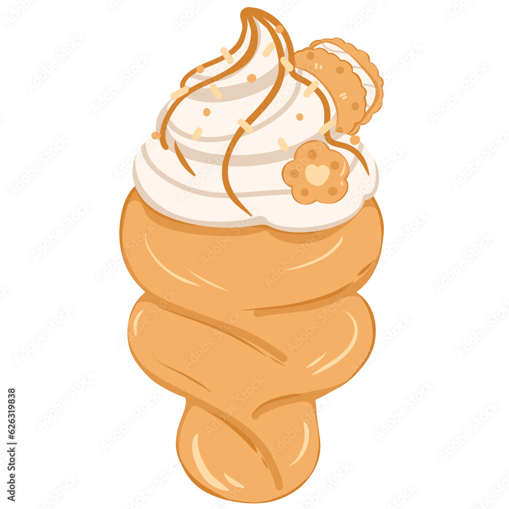 Cream horn with puff pastry, whipped cream and cookies. Design look