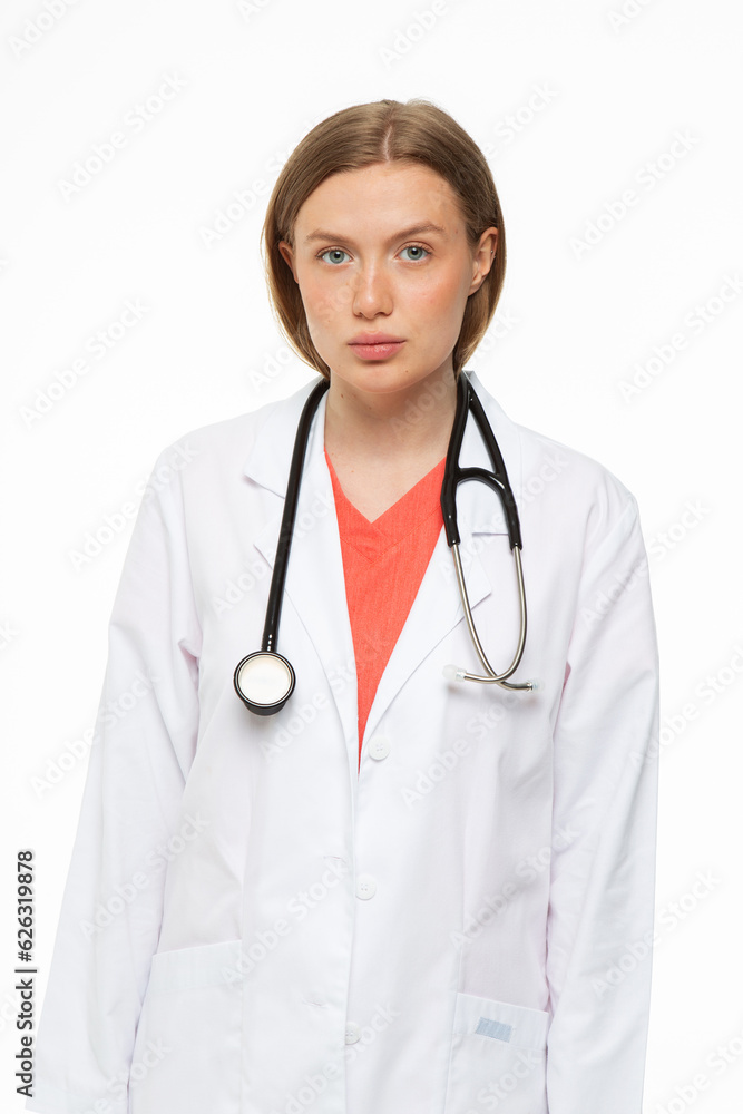 Beautiful girl doctor professional in work clothes on white background Beautiful girl doctor professional in work clothes on white background