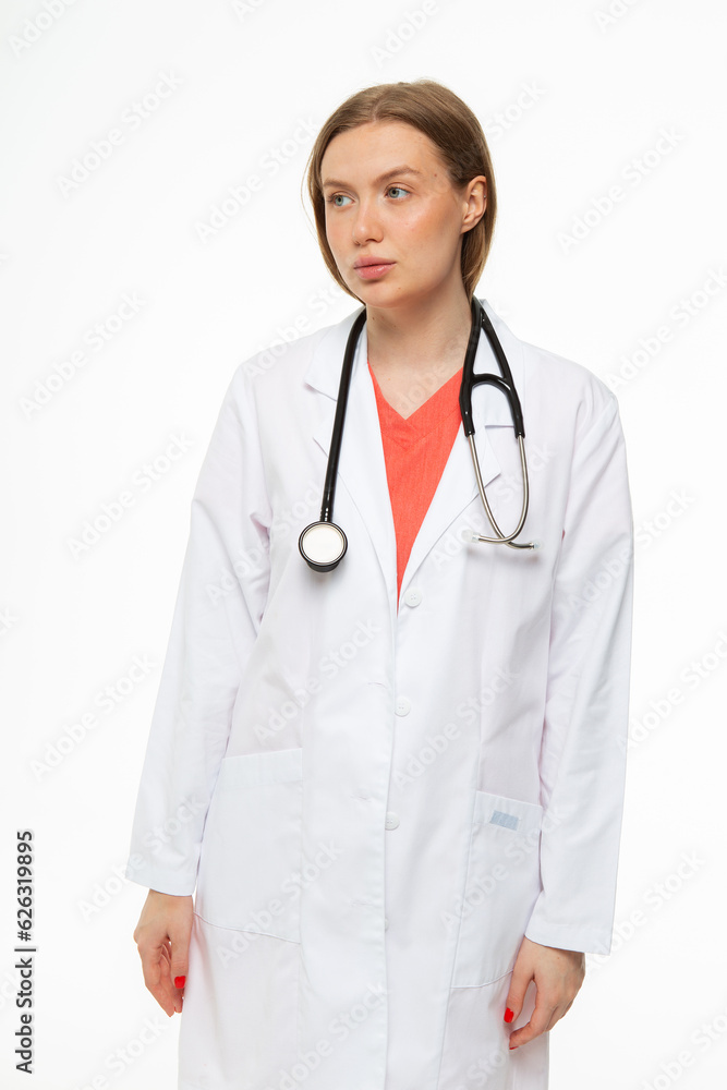 Beautiful girl doctor professional in work clothes on white background Beautiful girl doctor professional in work clothes on white background