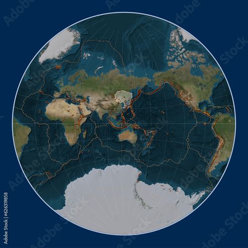 Amur tectonic plate. Satellite. Lagrange. Volcanoes and boundaries photo