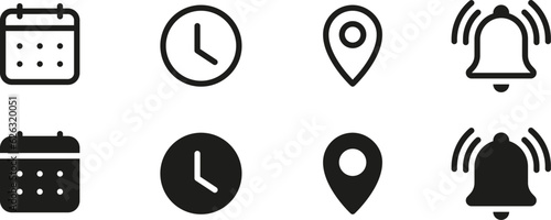 Address location icon. Notification bell icon. Stopwatch timer icon. Date Calendar icon - Web icons set