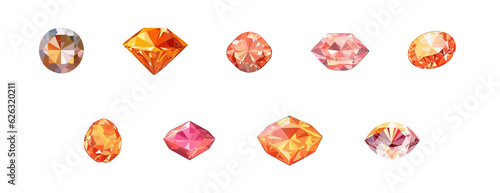 Orange gem diamond set flat cartoon isolated on white background. Vector isometric  illustration 