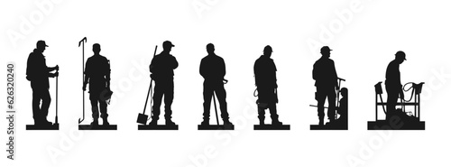Black silhouette construction workers set flat cartoon isolated on white background. Vector illustration