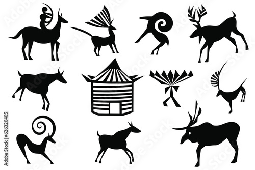 A series of petroglyphs, rock paintings of Siberia, vector design