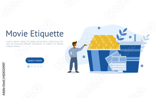 cinema watching illustration set. characters must have a ticket and can bring snacks and drinks into the theater. cinema rule concept vector.