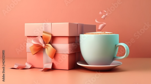 Cup of coffee and gift box. Generative Ai