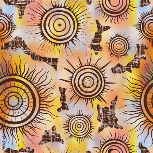 Seamless pattern, ethnic background, sun symbols, solar signs, vector design
