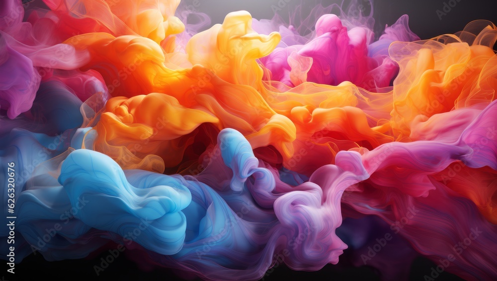Fototapeta premium Colorful paint drops from above mixing in water or Ink swirling underwater, Generative AI