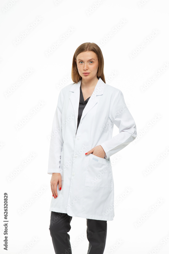 Beautiful girl doctor professional in work clothes on white background Beautiful girl doctor professional in work clothes on white background