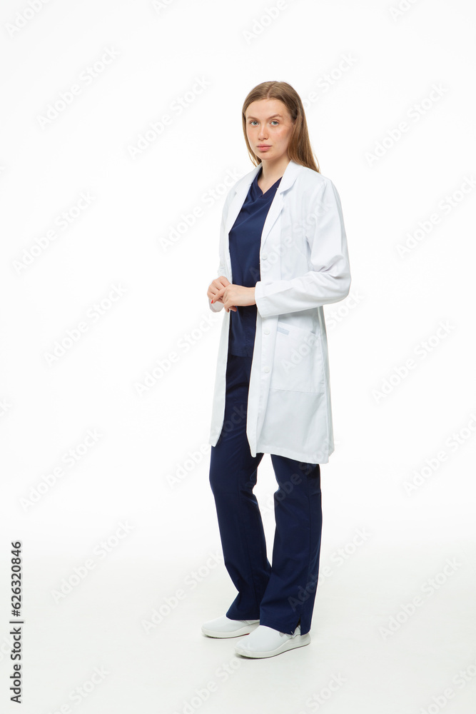 Beautiful girl doctor professional in work clothes on white background Beautiful girl doctor professional in work clothes on white background