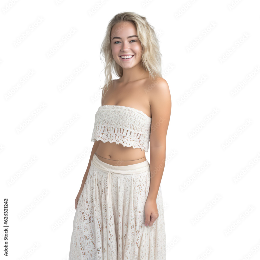 Obraz premium woman dressed in a bohemian maxi skirt, a cropped crochet top, isolated on a transparent white background 
