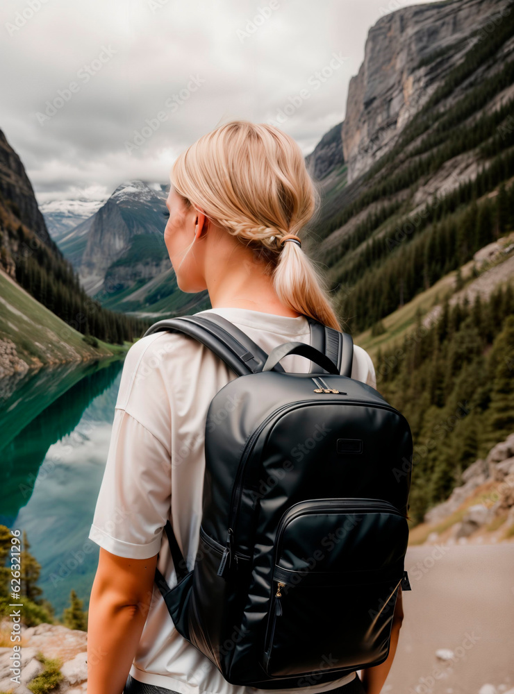 Young tourist woman is hiking on the mountains. Hiking in Himalaya mountains. Woman Traveler with Backpack hiking in the Mountains. mountaineering sport lifestyle concept.