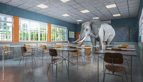 Canvas Print large elephant inside a modern school classroom.